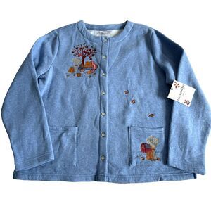 PETITE Fall Autumn  Blue Thanksgiving Cardigan Fleece Embroidered PL NWT
